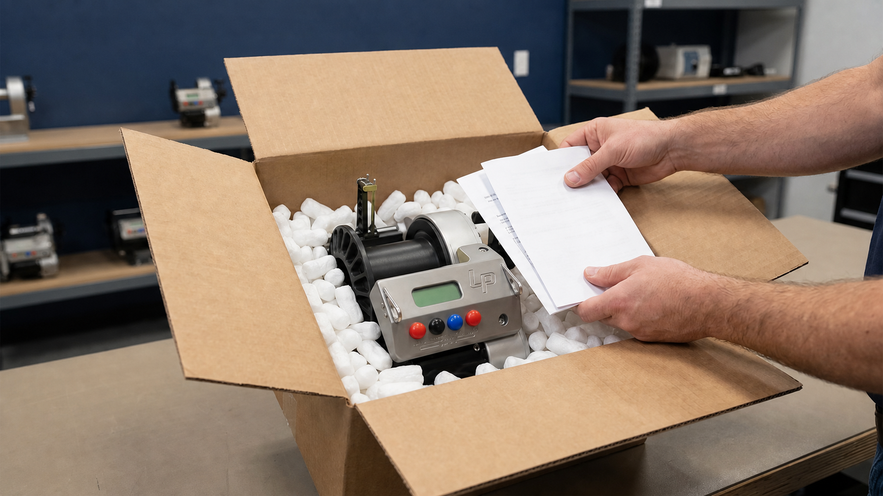 Printed Repair Request being placed inside a securely packed reel box